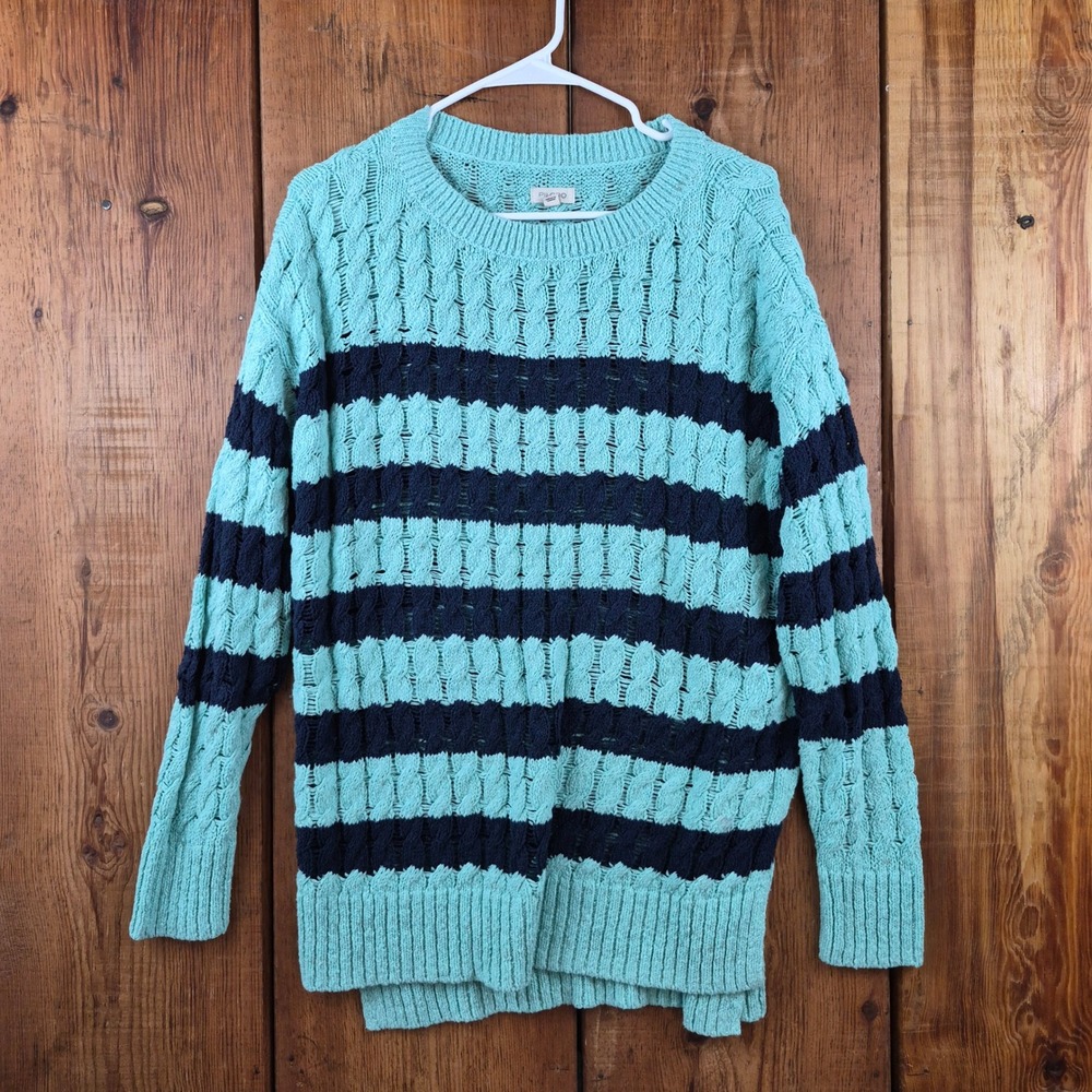 Pilcro Anthropologie Turquoise Navy Striped Cable Knit Sweater Small